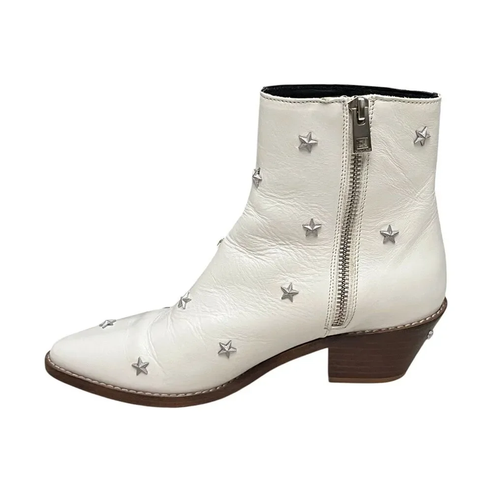 Zadig & Voltaire Tyler Star Stud Leather Ankle Boots White Western EU 37 US 6